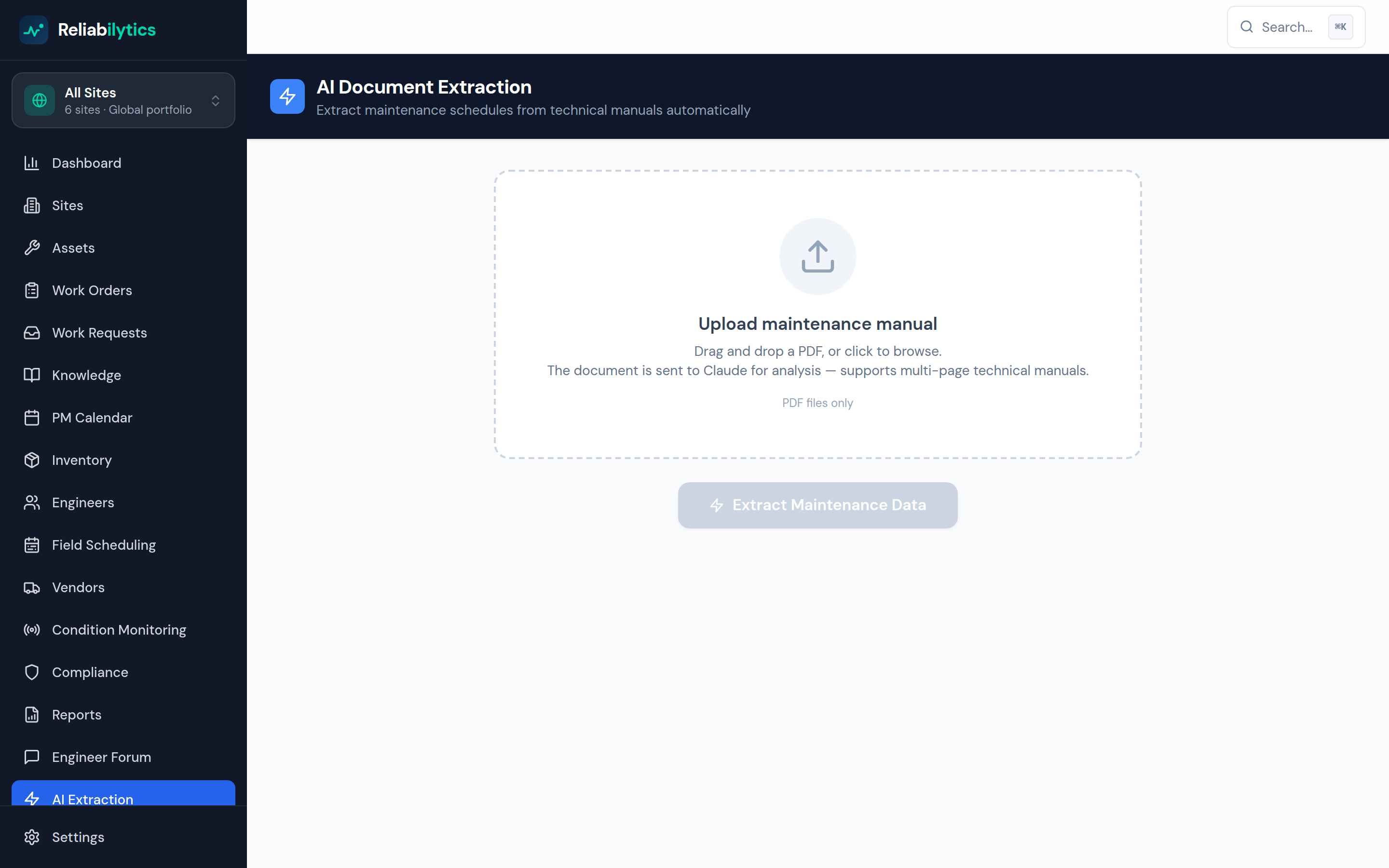 Reliabilytics AI document extraction screen with a maintenance manual upload area
