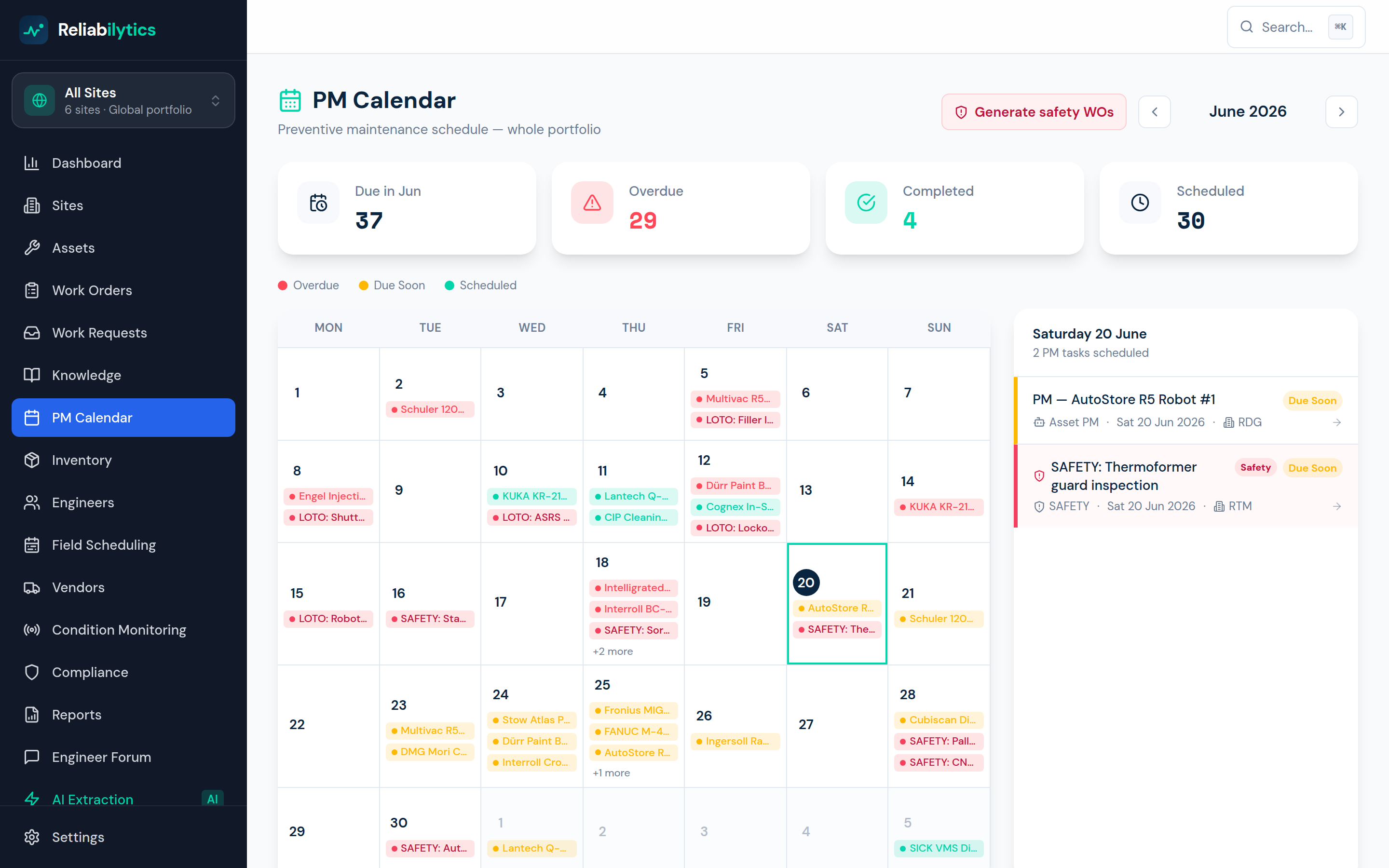 Reliabilytics PM calendar with colour-coded maintenance events across a month view